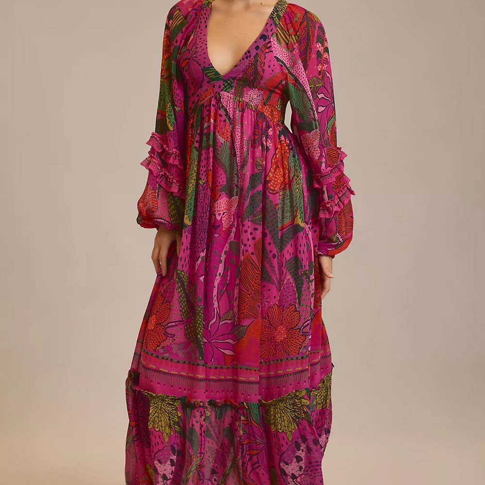 FARM Rio Long Sleeve Dress in Red and Green